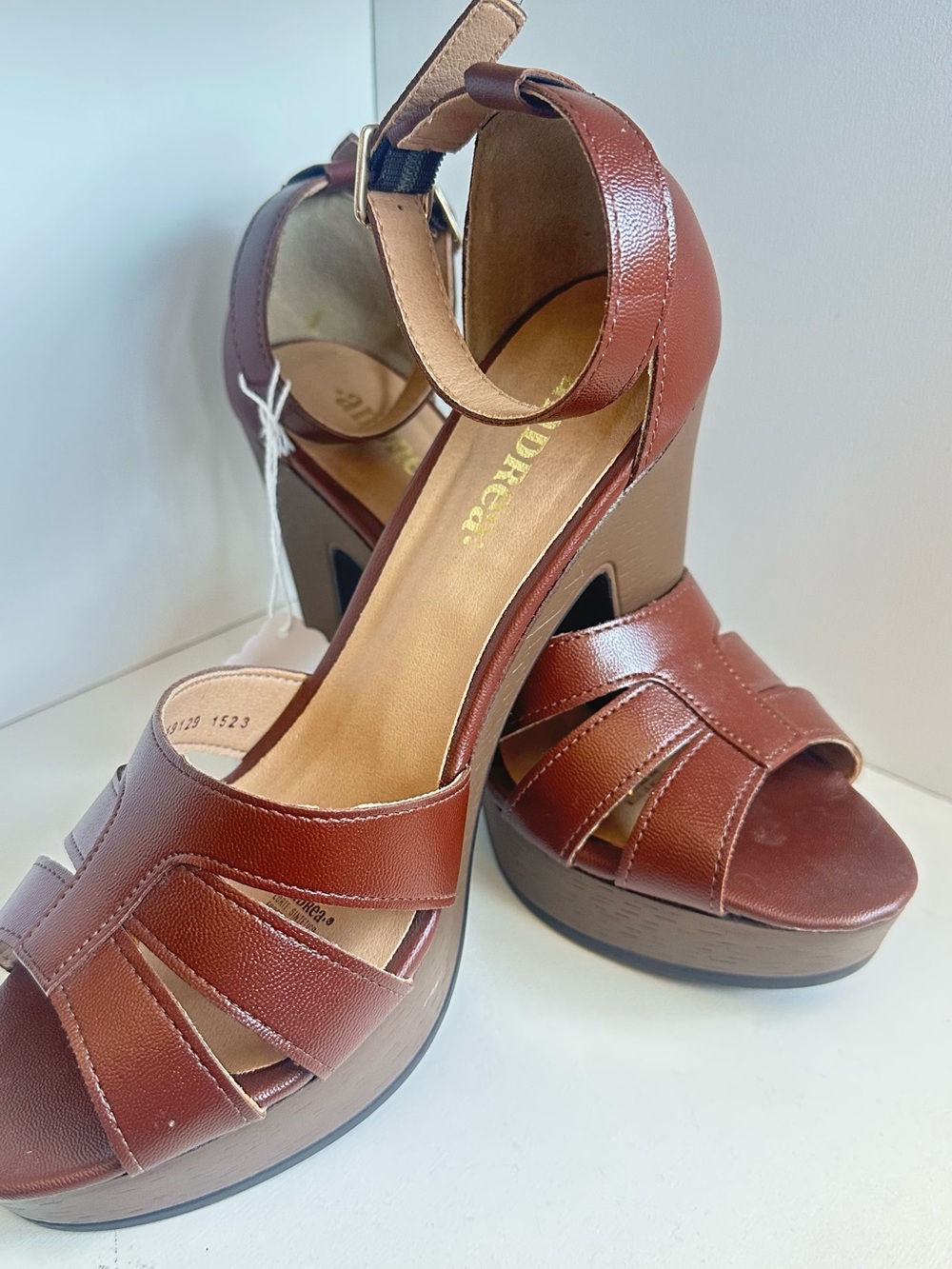 ANDREA Brown Leather Platform Sandal Heels